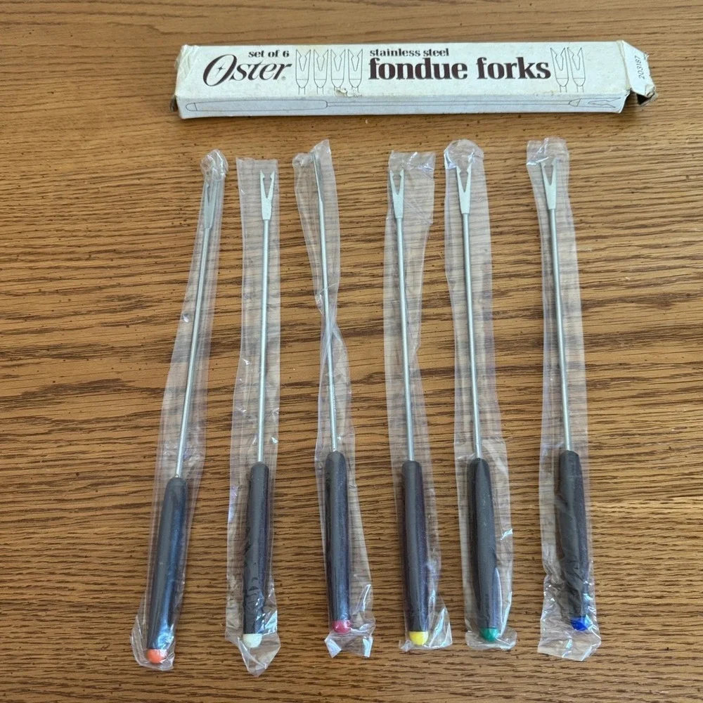 Oster Set‎ of 6 Stainless Steel Fondue Forks with Rainbow Handles NOS